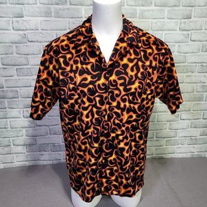 Vintage 90s 3rd Rail L/XL Flame Fire Pattern‎ Button Front Club Rave S/S Shirt